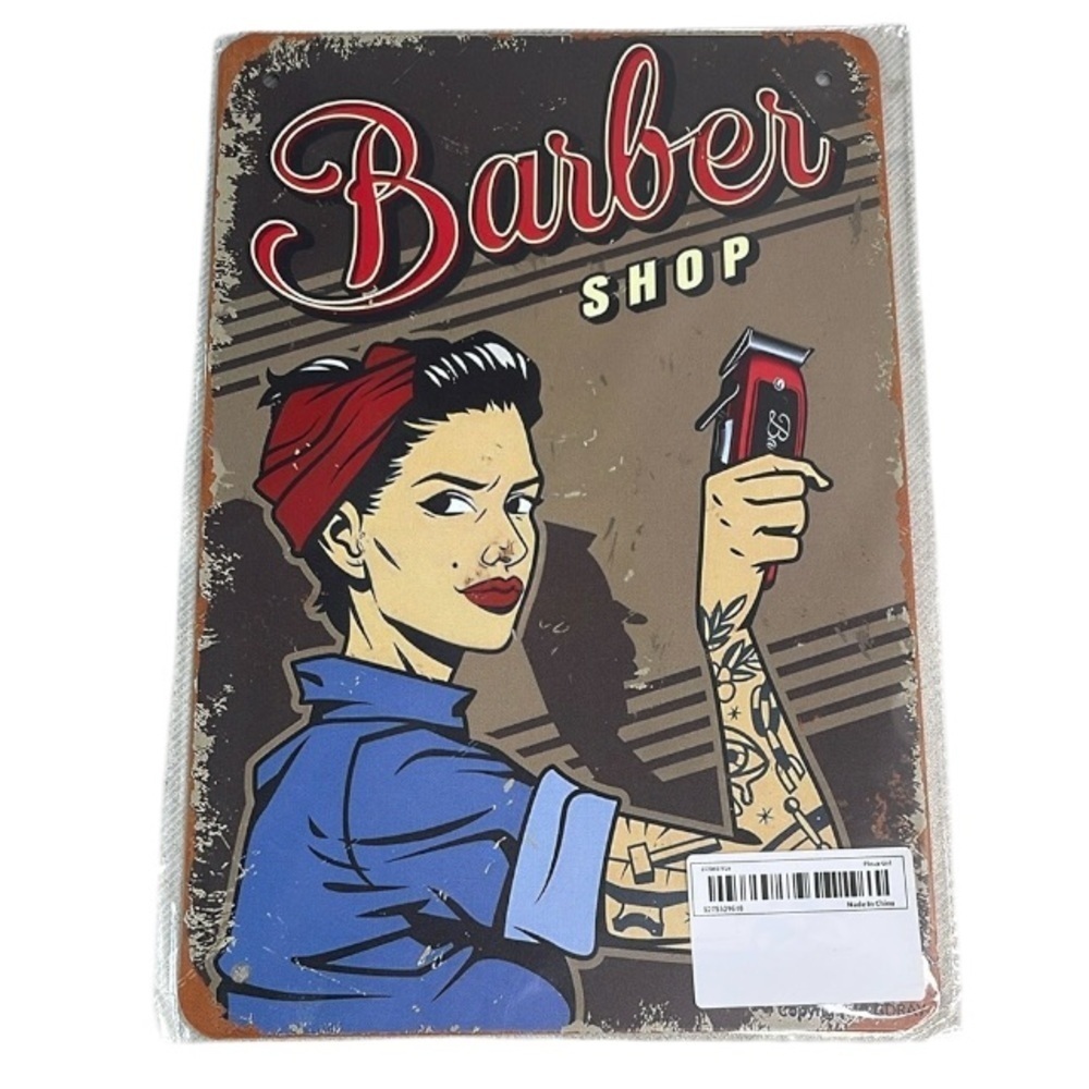 Vintage Vibe NWT Barber Shop Tin Metal Sign Red Blue Brown Rusty Look